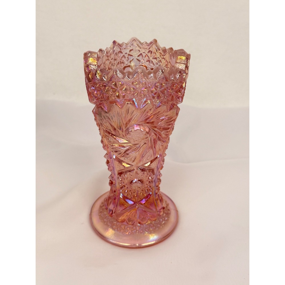 L.E. Smith Pink Carnival Glass Whirling Star Vase Iridescent Footed 6.75"